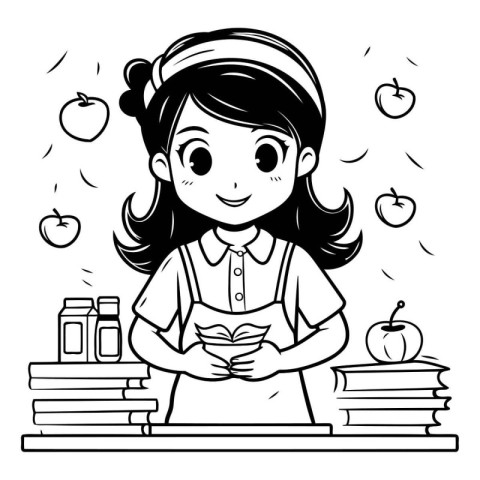 Girl reading a book in the school. Vector illustration of a girl