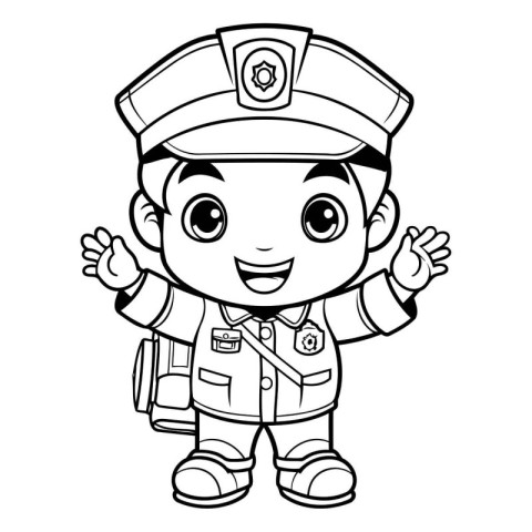 Black and White Cartoon Illustration of Cute Little Boy Captain