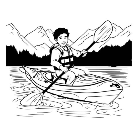 Man kayaking on the river. black and white vector illustration.