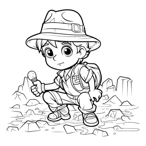 Black and White Cartoon Illustration of Kid Boy Hiking or Campin