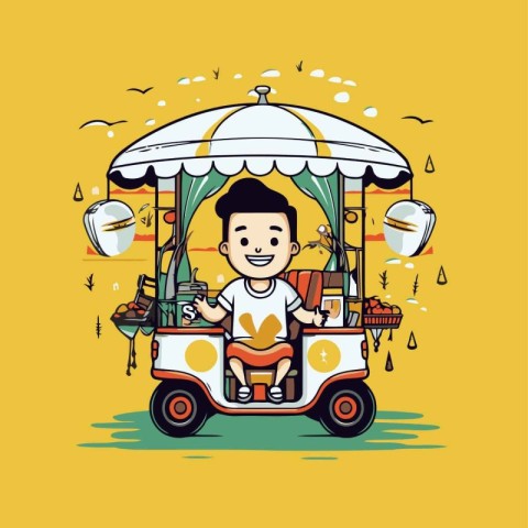 Illustration of a boy riding a car with food. Vector illustratio