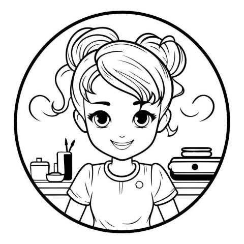 Cute cartoon schoolgirl. Vector illustration. Coloring page.