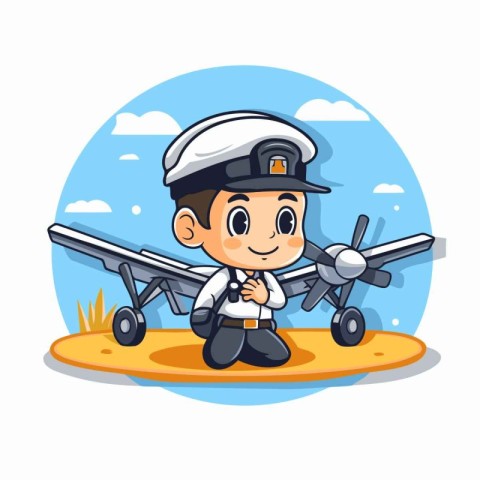 Cute pilot with airplane on the beach cartoon vector illustratio