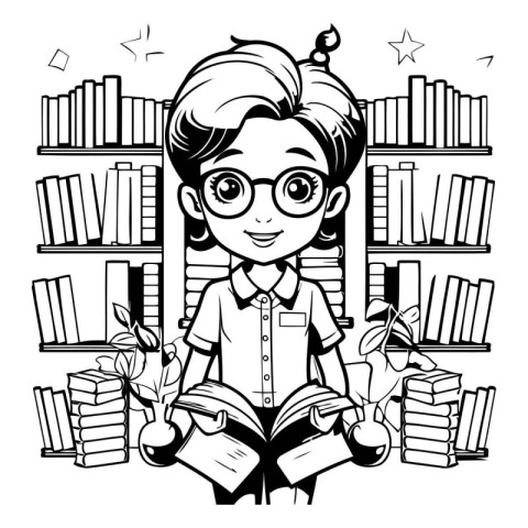 Girl reading a book in the library. Black and white vector illus