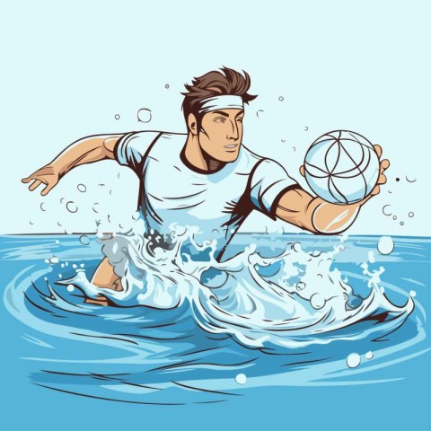 Vector illustration of a man playing volleyball on the water. Ca