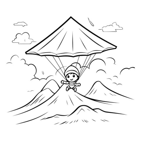 Black and white illustration of a girl flying on a paraglider