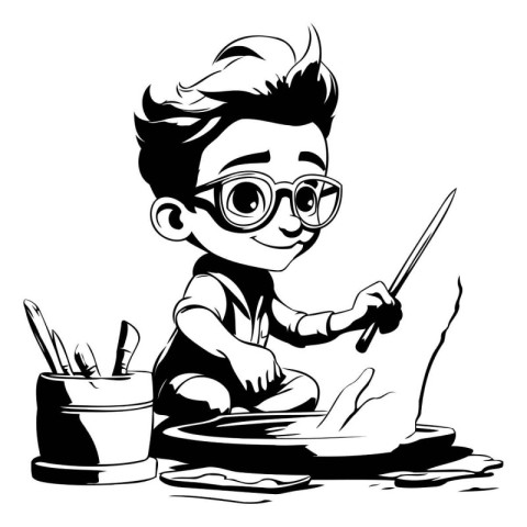 Boy painting with a brush in his hand. black and white vector il