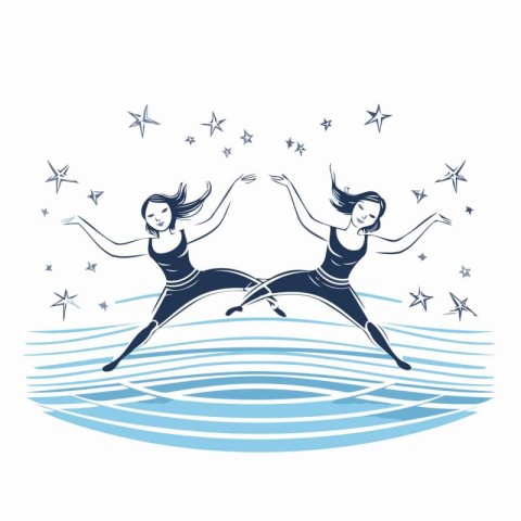 Two girls jump into the sea. Vector illustration on a white back