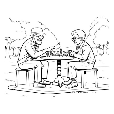 Two senior men playing chess in the park. Black and white vector