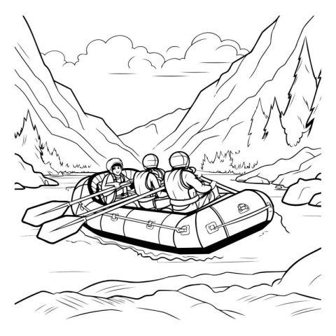 Group of people rafting on a mountain river. Black and white vec