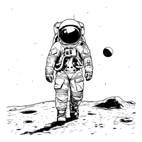 Astronaut on the moon. Vector illustration in black and white.