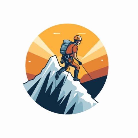 Mountain climber on the top of a mountain. Vector illustration