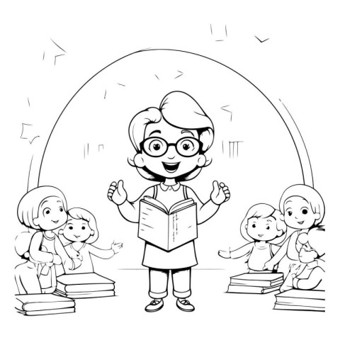 Black and white vector illustration of a teacher reading a book