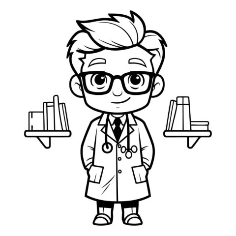 Doctor Cartoon Mascot Character Vector Illustration. Black and W