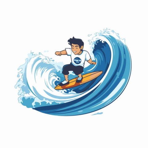 Surfer riding on a big wave. Vector illustration on white backgr