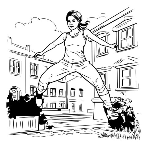 Young woman jumping in the city. Black and white vector illustra