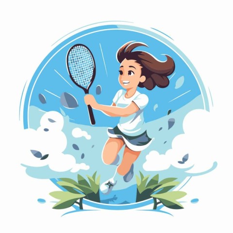 Girl playing tennis vector illustration. Cartoon girl playing te