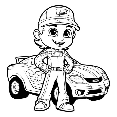 Black and White Cartoon Illustration of Cute Little Boy Car Mech