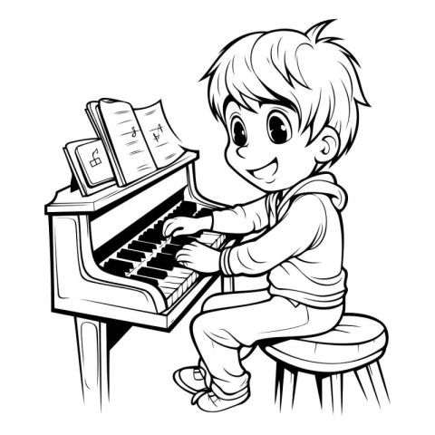 Boy playing the piano - Black and White Cartoon Illustration. Ve