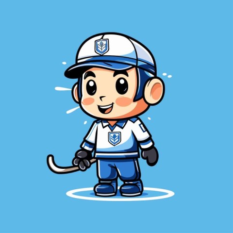 Cartoon hockey player. Vector illustration isolated on blue back