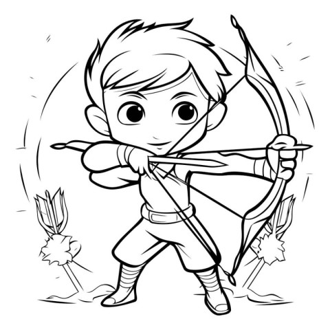 Cute boy with bow and arrow - black and white vector illustratio