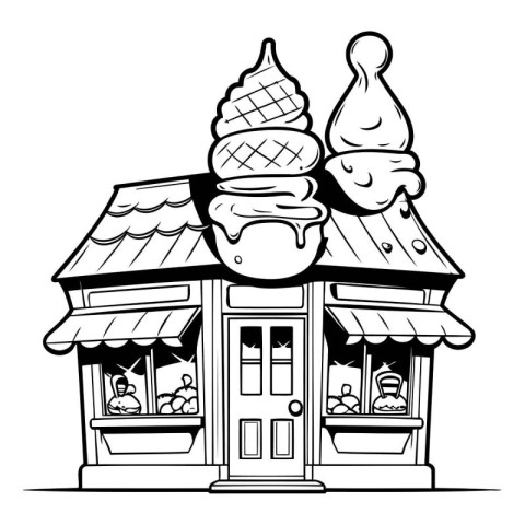 Ice cream shop in black and white. Vector illustration of ice cr