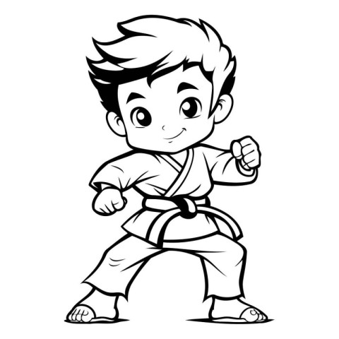 Karate Boy - Black and White Cartoon Illustration. Vector Art