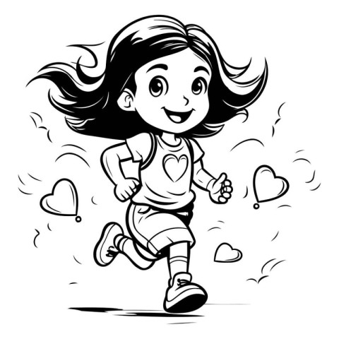 Vector illustration of a happy little girl running with hearts a