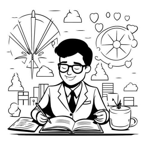 Businessman with cup of coffee and book. Black and white illustr