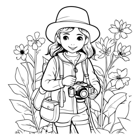 Girl with camera and flowers. Vector illustration. Coloring book