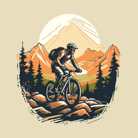 Mountain biker rides on a bicycle in the mountains. Vector illus