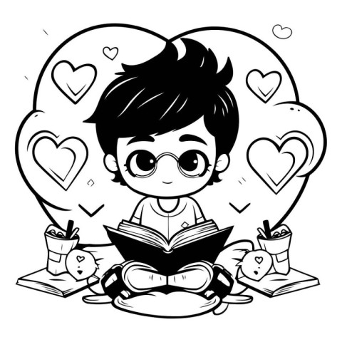 Black and White Cartoon Illustration of Cute Little Boy Reading