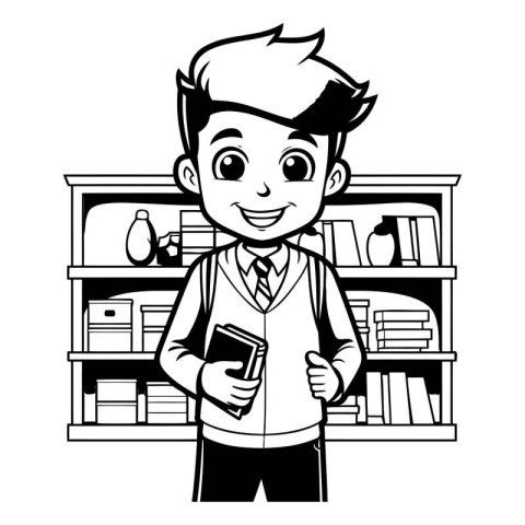 School boy cartoon with bookshelf and smartphone vector illustra