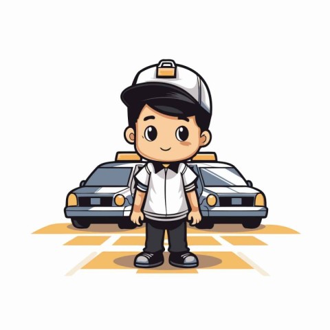 Cartoon taxi driver standing with his car on the road vector ill