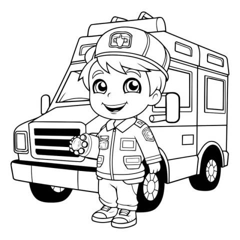 Black and white illustration of a boy firefighter with a fire tr