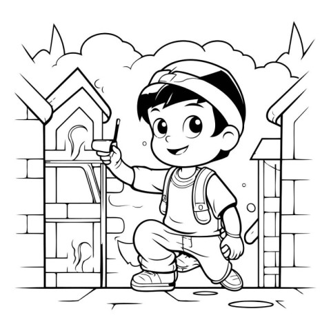 Black and White Cartoon Illustration of Cute Little Boy Playing