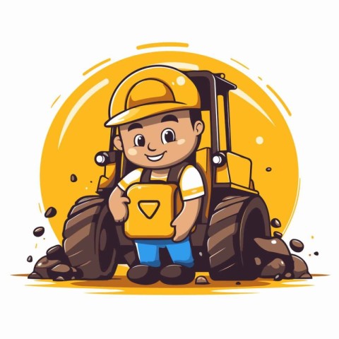 Cute little farmer with tractor. Vector illustration. Cartoon ch