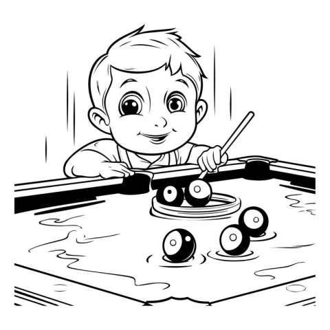 Black and White Cartoon Illustration of Kid Playing Pool Game Co