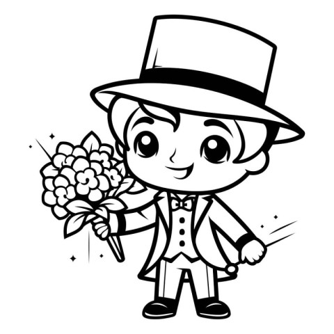 Black and White Cartoon Illustration of Cute Boy with Bouquet of