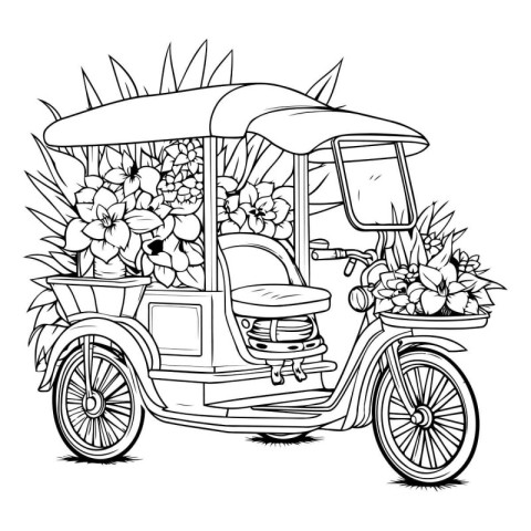 Tuk-tuk with flowers. vector illustration in black and white