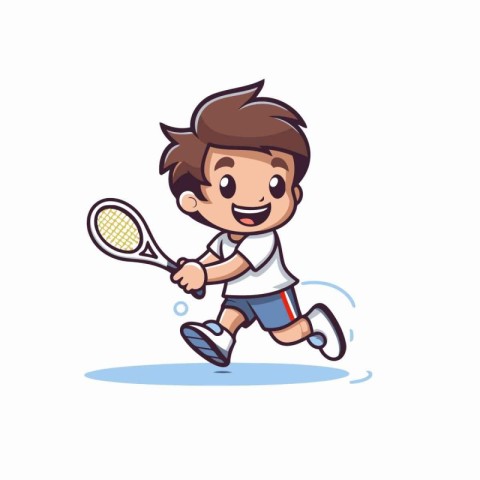 Cute little boy playing tennis cartoon vector Illustration on a