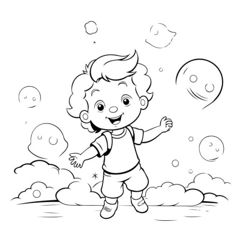 Coloring Page Outline Of a Cute Baby Boy Playing in the Clouds