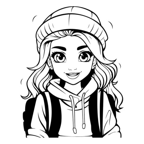 Black and White Cartoon Illustration of Teenage Girl Student Wea