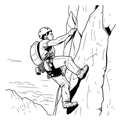 Vector illustration of a man climbing a rock. Hand drawn sketch.