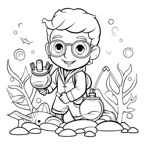 Coloring Page Outline Of cartoon boy in the sea. Vector illustra