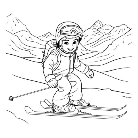 Cartoon skier in mountains. Black and white vector illustration.