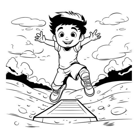 Boy jumping into the water. black and white vector cartoon illus