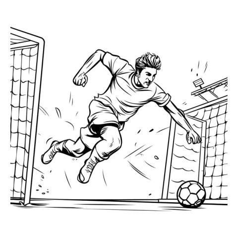 Soccer player kicks the ball in the goal. Vector illustration.