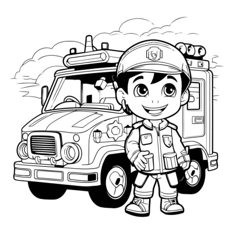 Black and White Cartoon Illustration of Kid Boy firefighter or f