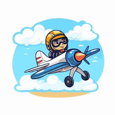 Cartoon pilot with airplane on the background of the sky. Vector